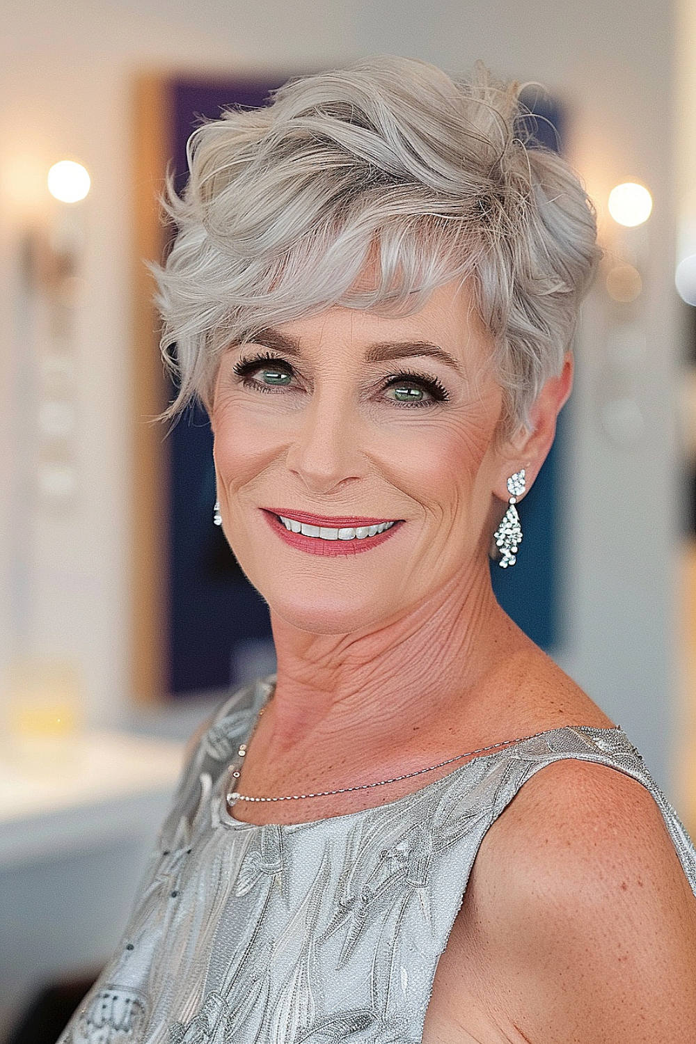 Tousled pixie cut with a side part for women over 50