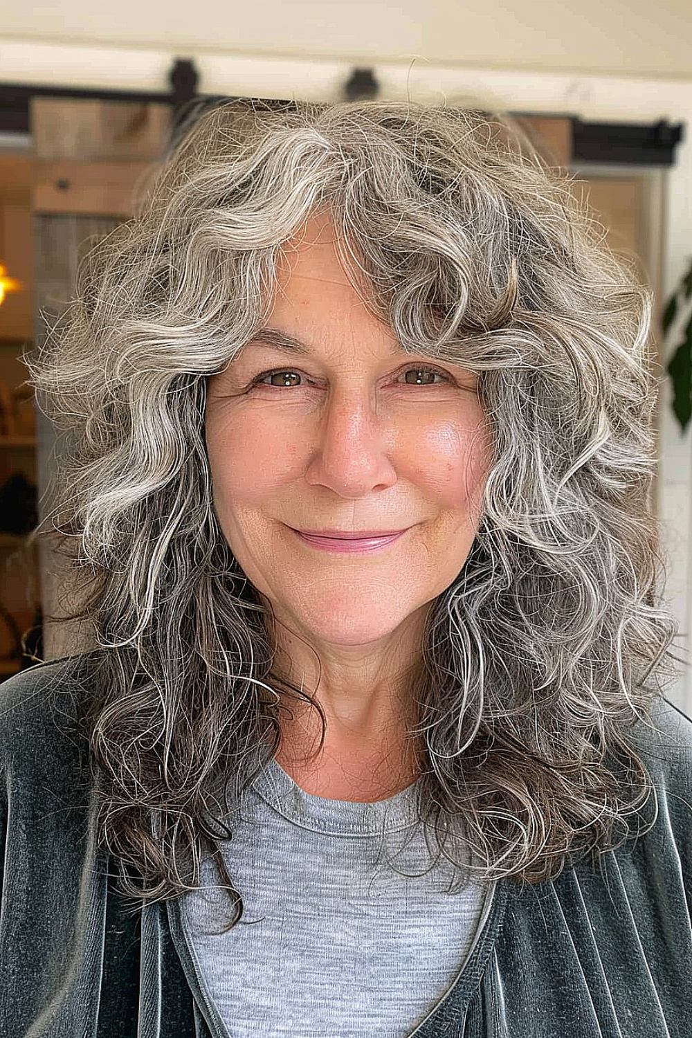 Tousled shag haircut with whimsical curls on a senior woman.