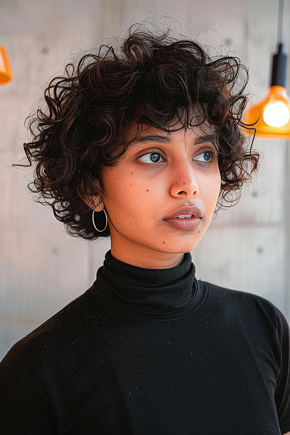 Woman with a tousled short curly pixie haircut