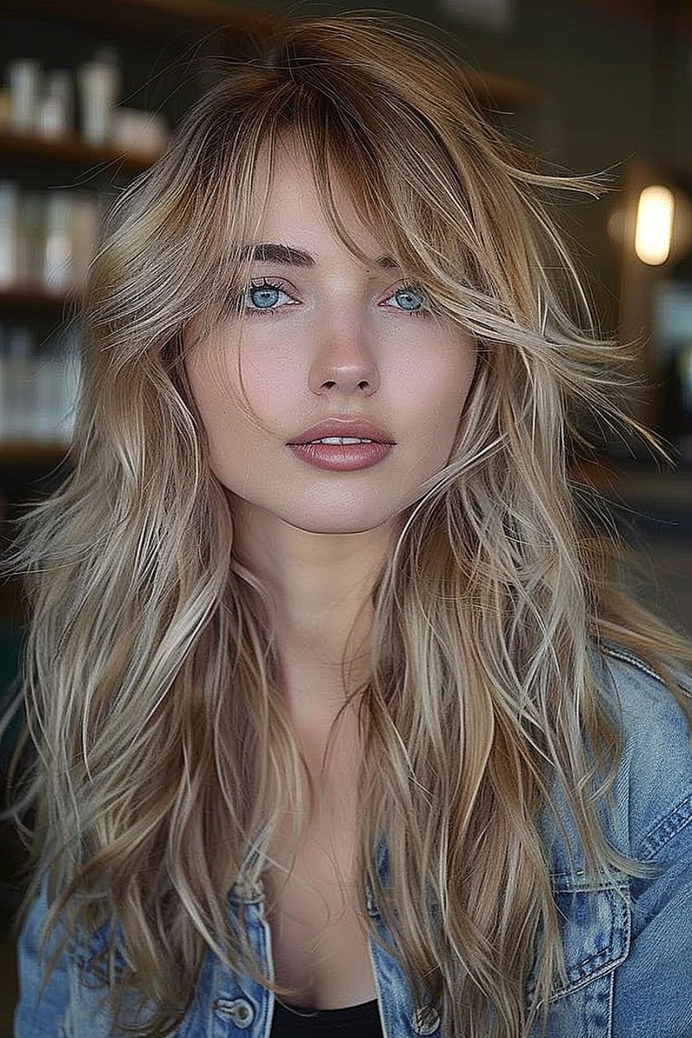 Tousled waves long shag with side-swept bangs