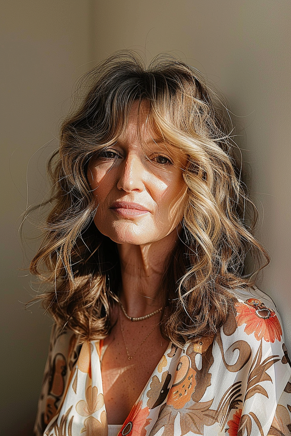 Medium-length tousled waves with curtain bangs