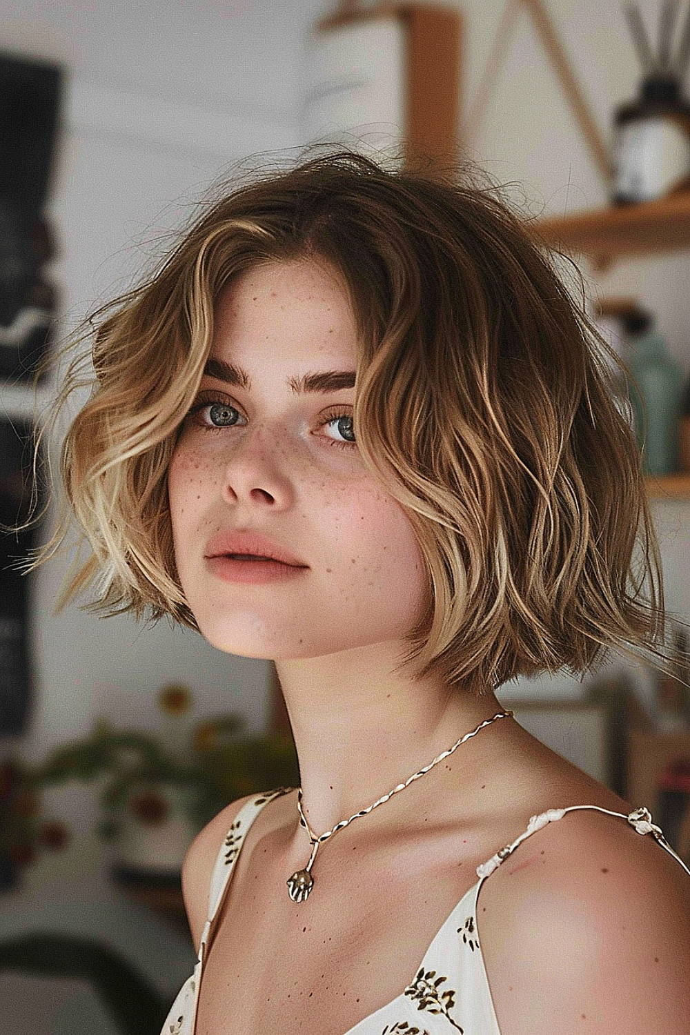 Woman with a tousled wavy bob and beach waves