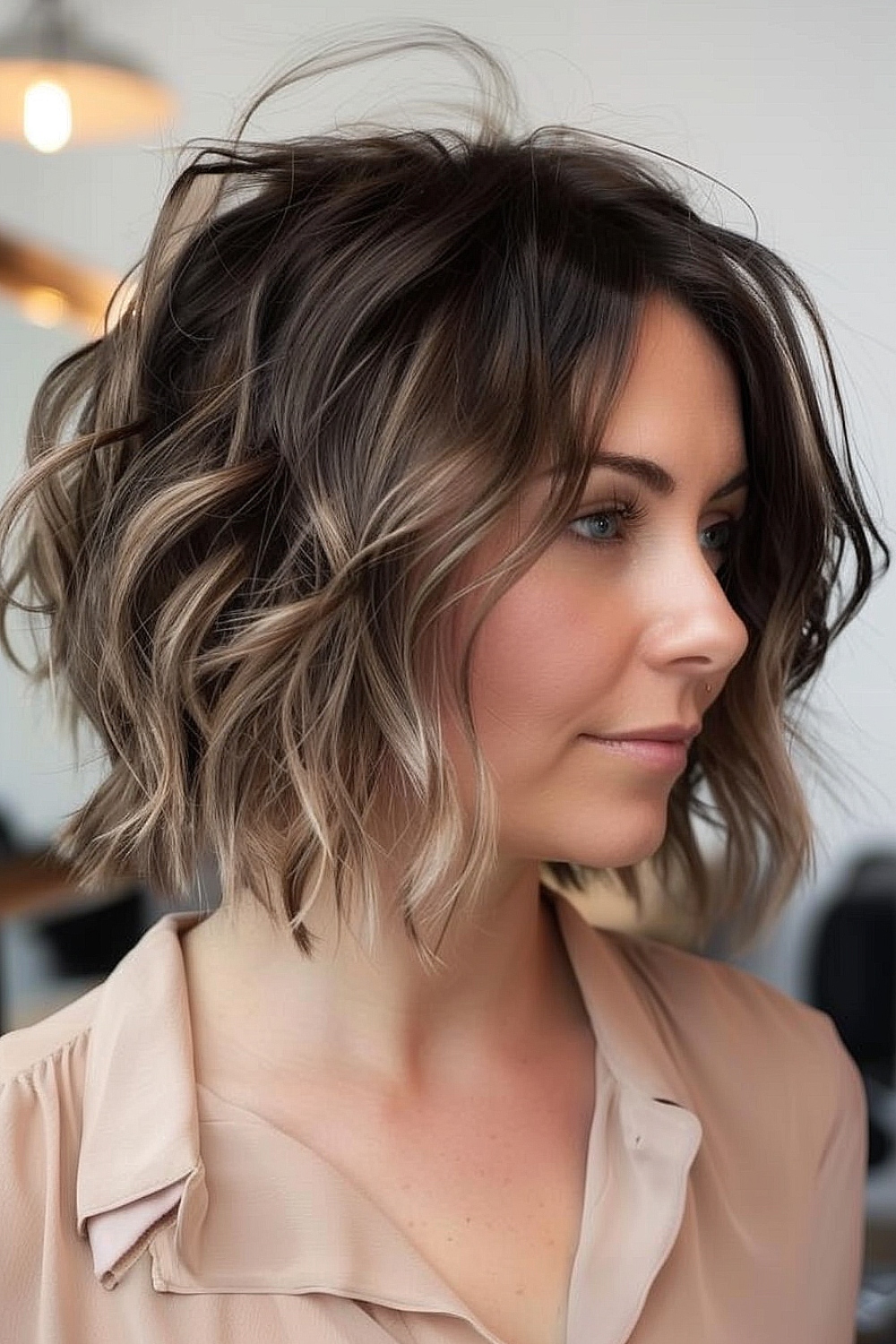 Woman with a tousled wavy bob and root shadow