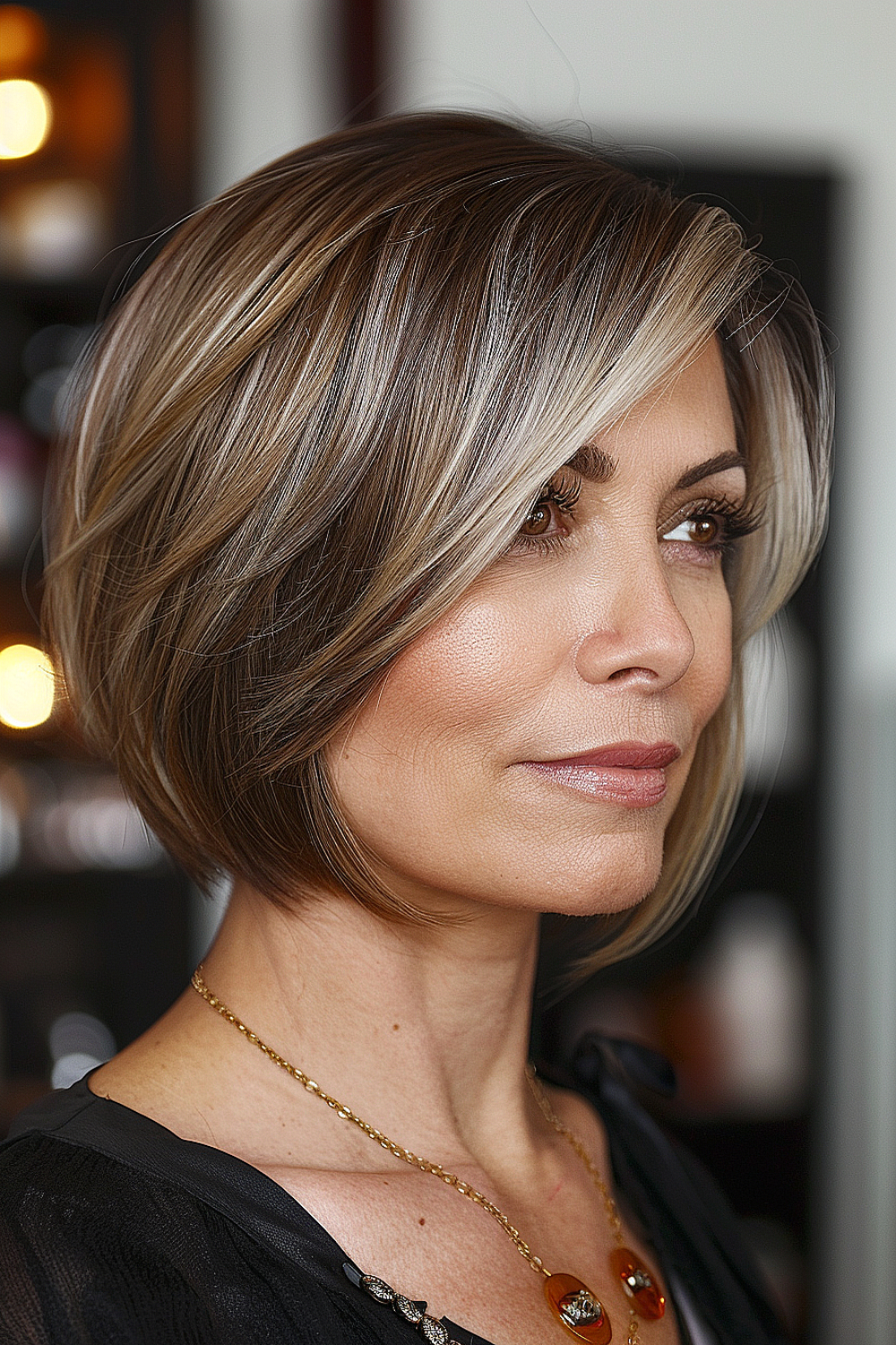 Trendy bob with side-swept bangs and lowlights