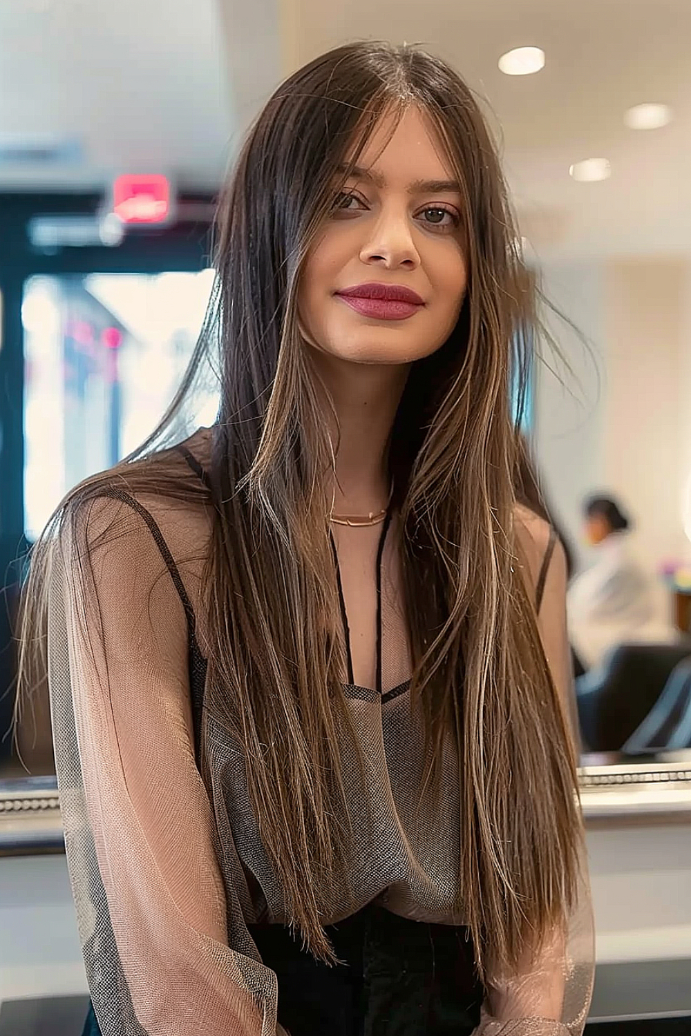 Ultra-long straight hair with razor-cut ends and soft brown highlights