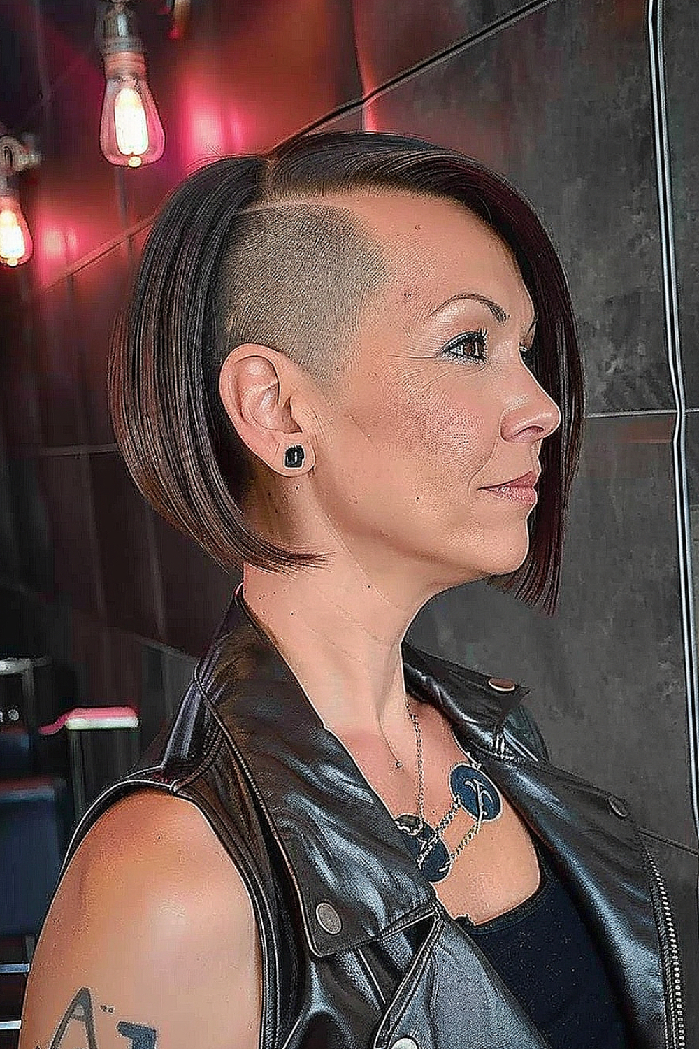 A woman with an undercut bob, featuring a side-shaved design and sleek, dark hair