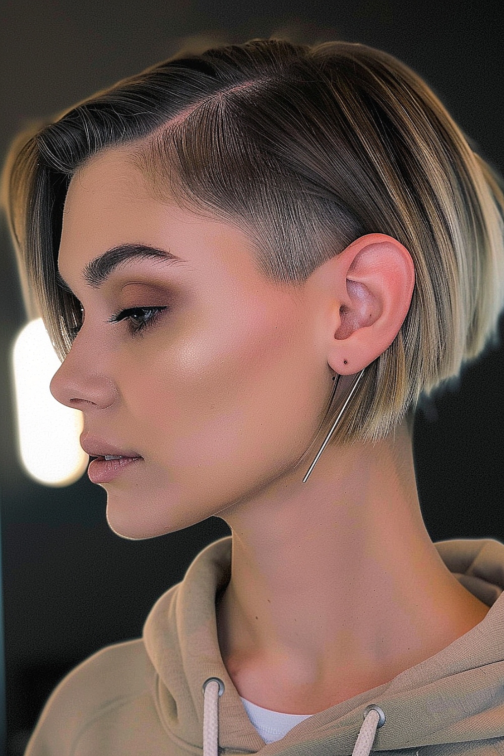 Bold undercut bob with sleek top layers for fine hair