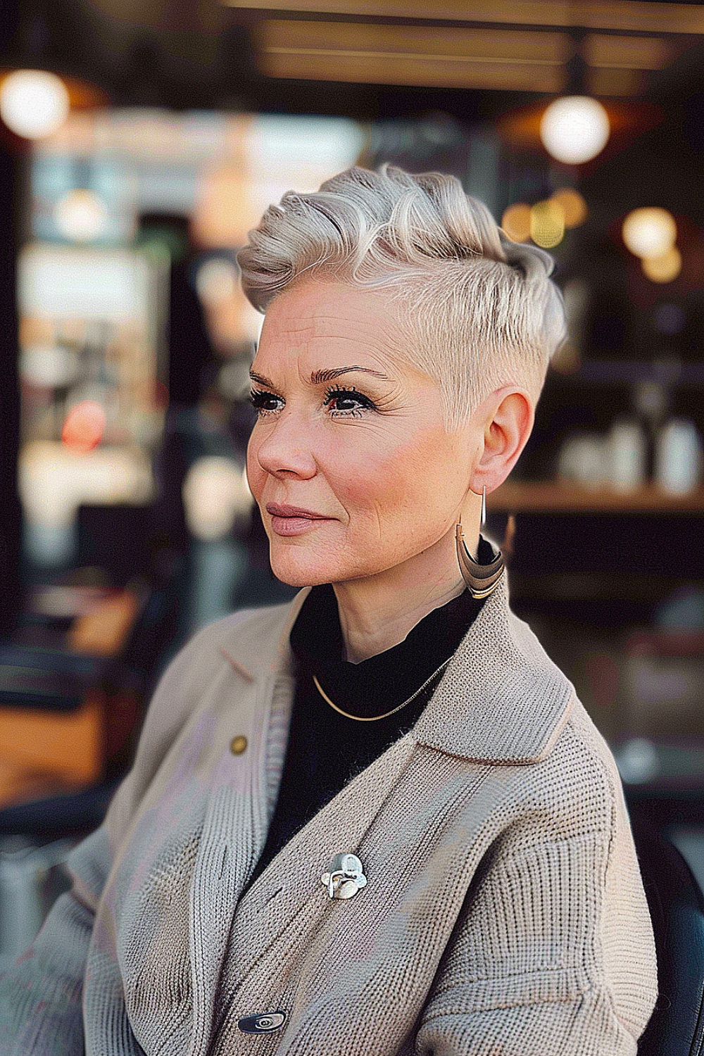 Elderly woman with a stylish undercut pixie hairstyle, featuring tapered sides and voluminous textured top.