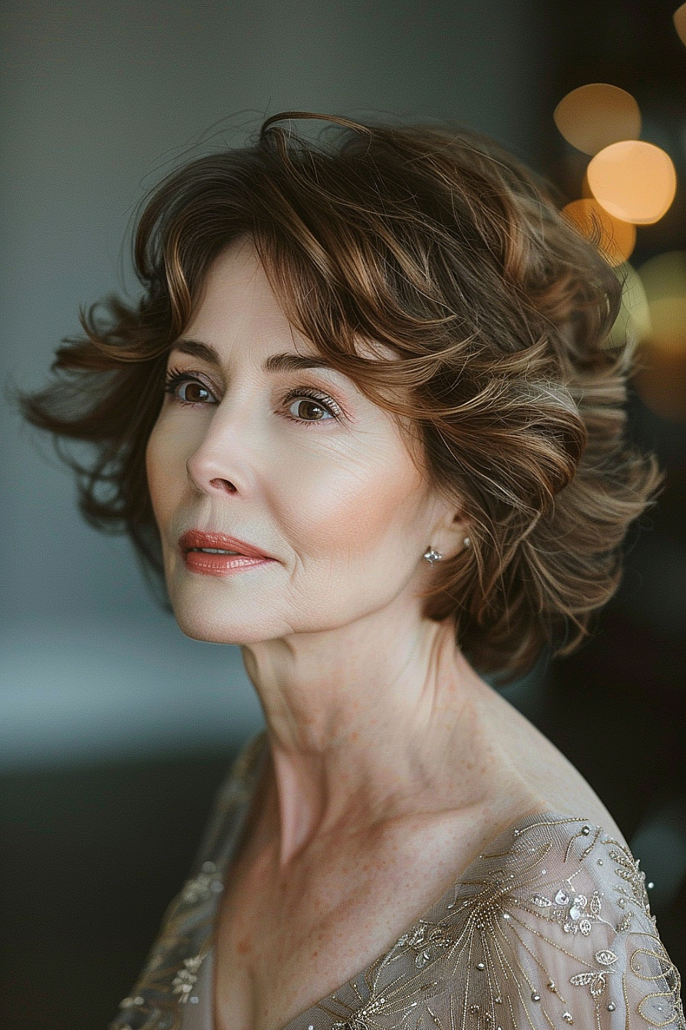 Woman with a softly curled, tousled bob hairstyle