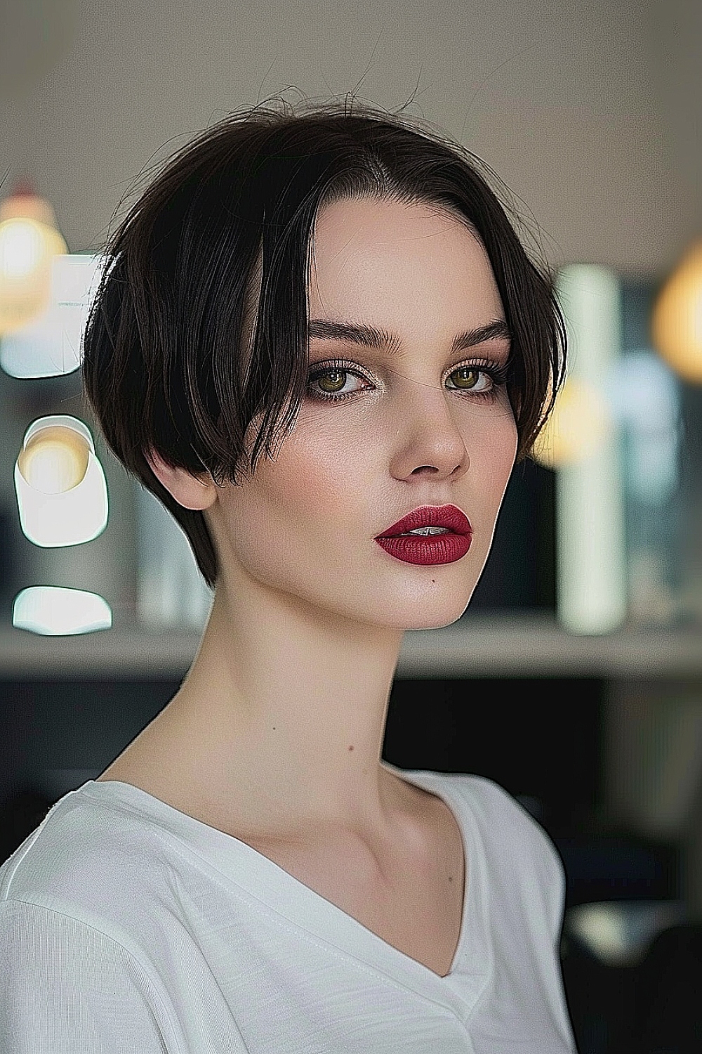 Very short bob haircut with face-framing layers for fine hair.