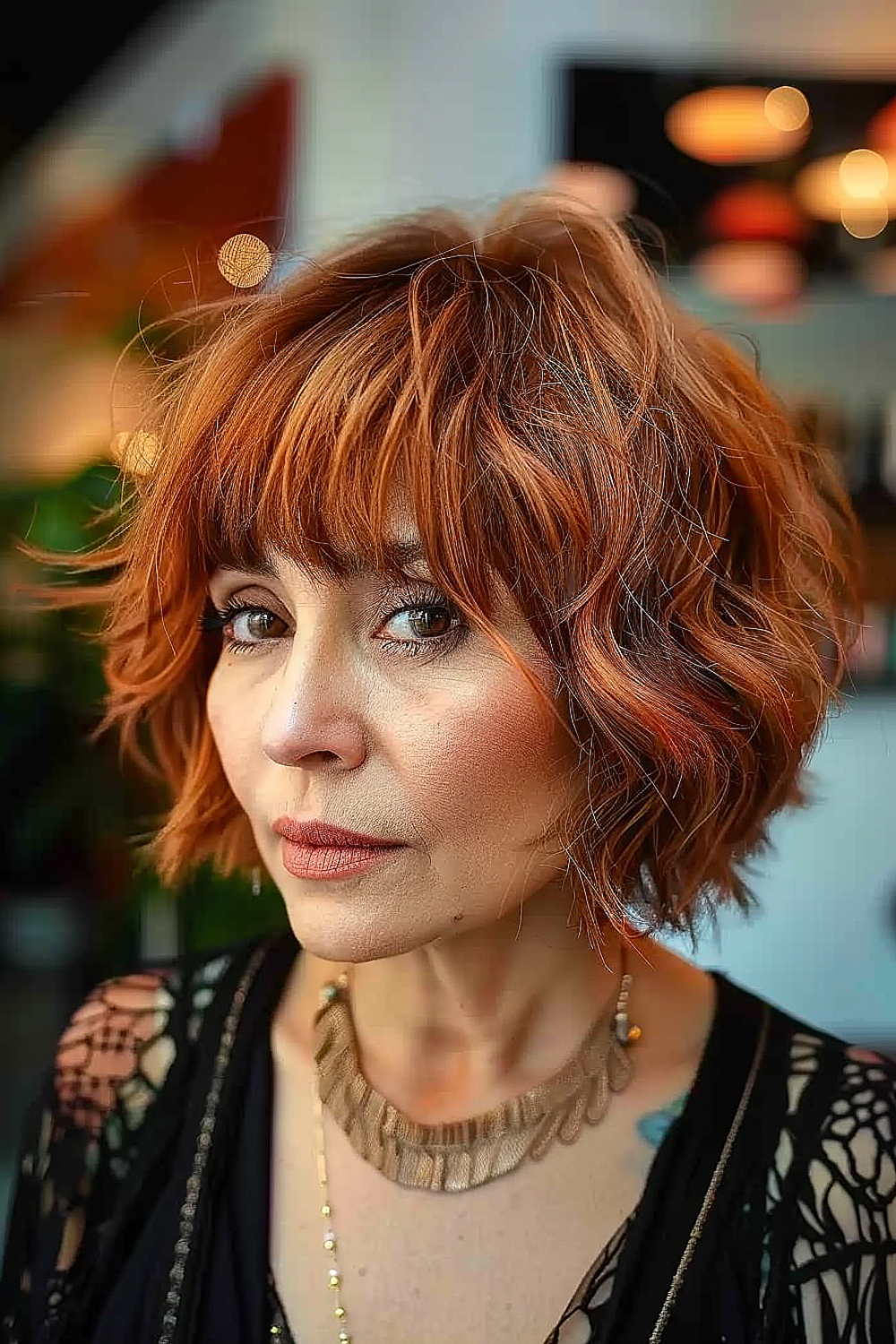 Woman over 60 with a tousled copper bob and a fringe for a vibrant, energetic look