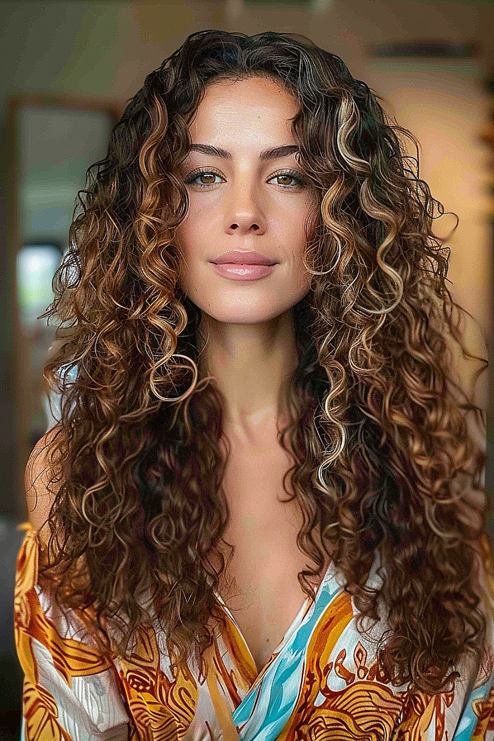 A woman with a vibrant long layered cut showcasing defined curly hair with shades of brown and caramel