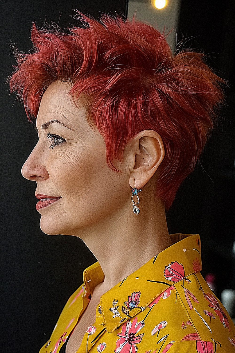 Woman with a vibrant red pixie cut featuring textured layers