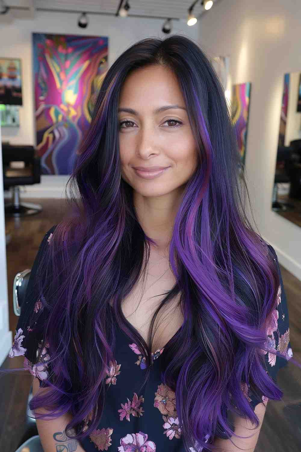 Vivid violet streaks on dark layers