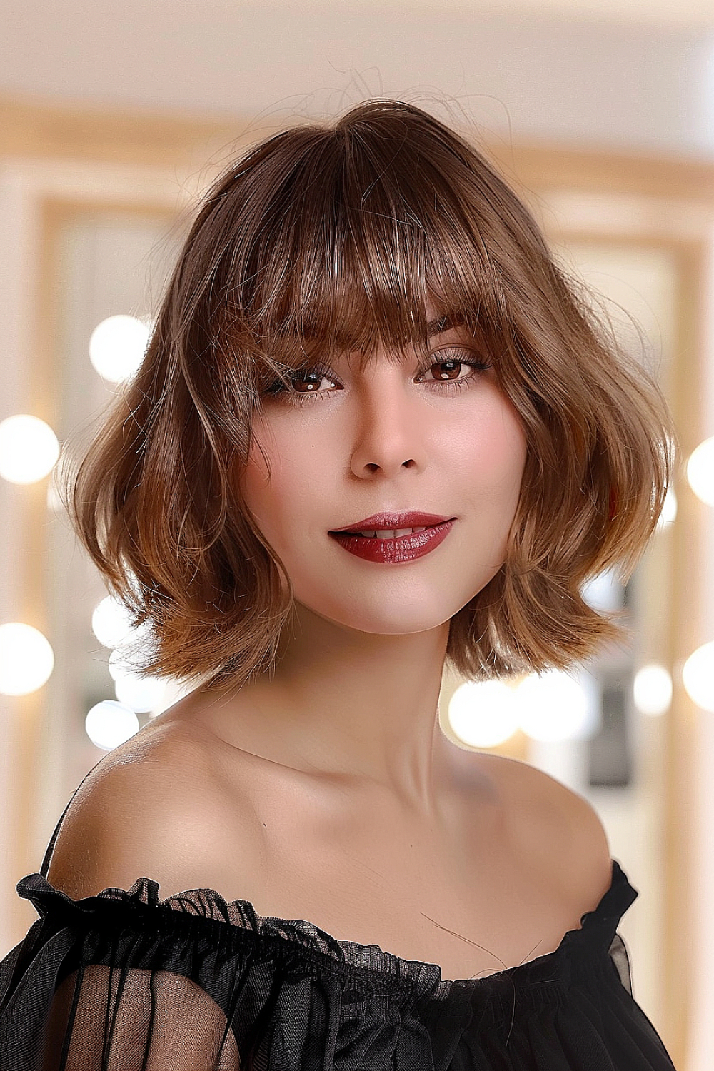 Woman with a voluminous bob and full bangs, highlighted in caramel on a chestnut base