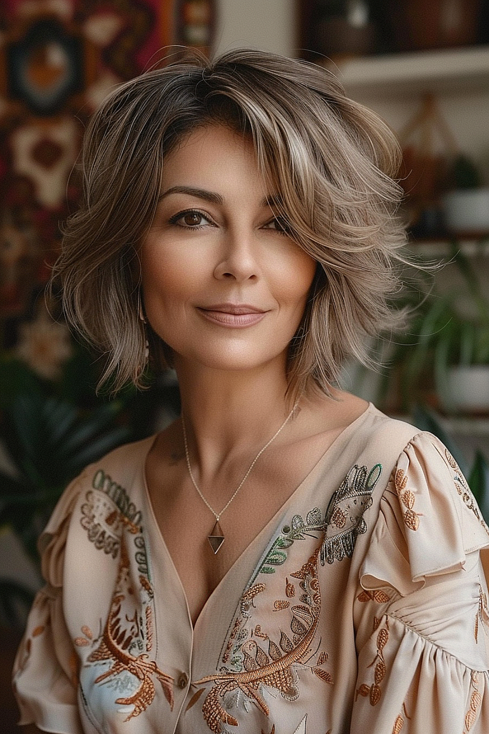 A woman with a voluminous layered bob transition from brunette to ash blonde