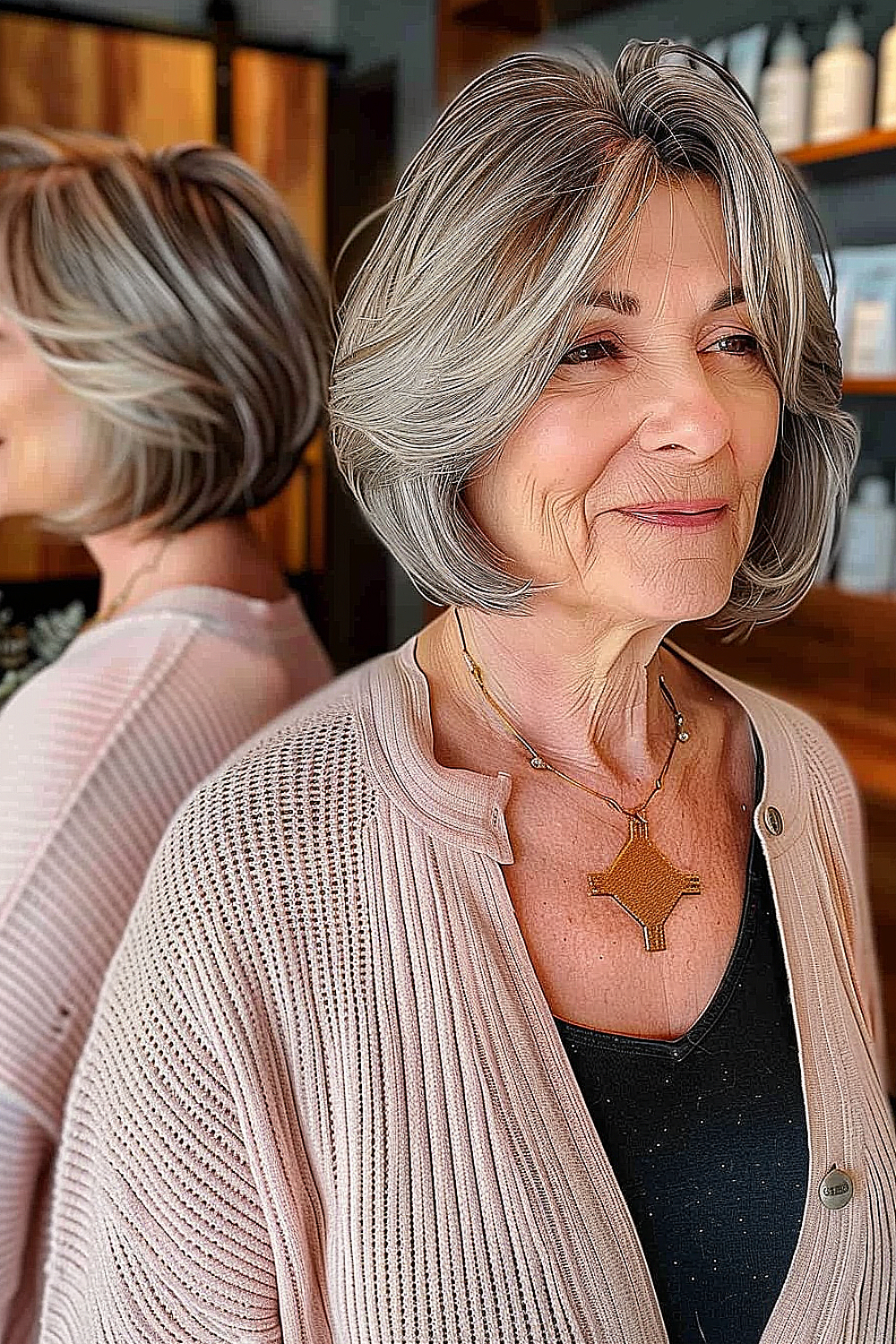 A woman with a voluminous bob featuring a significant root lift for added body and depth