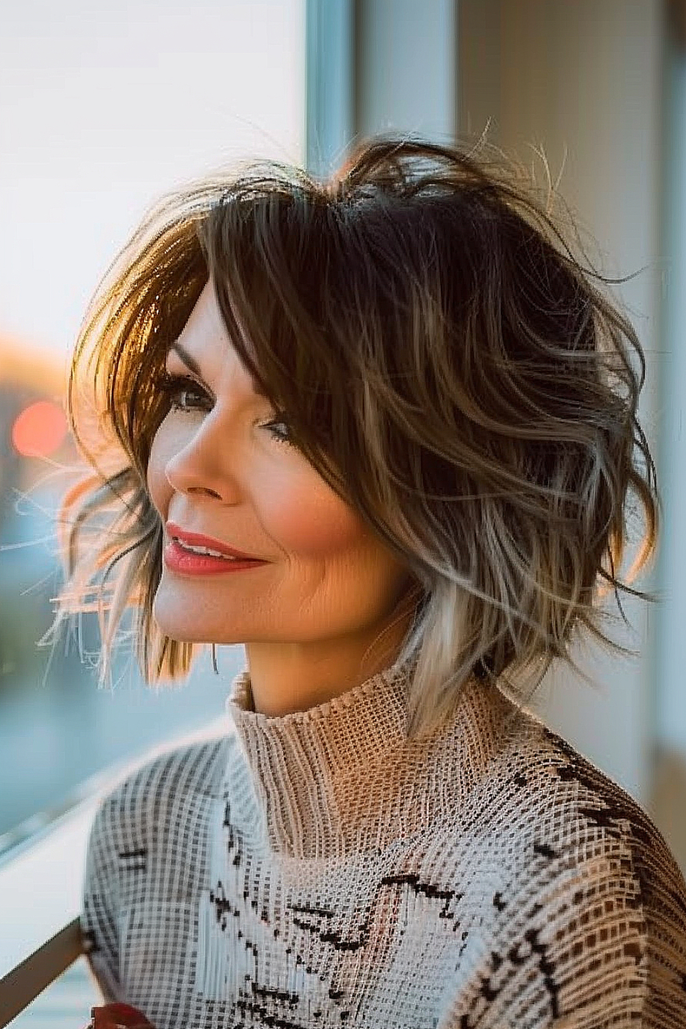 A woman with a voluminous bob and side-swept bangs, featuring dark roots and icy blonde tips