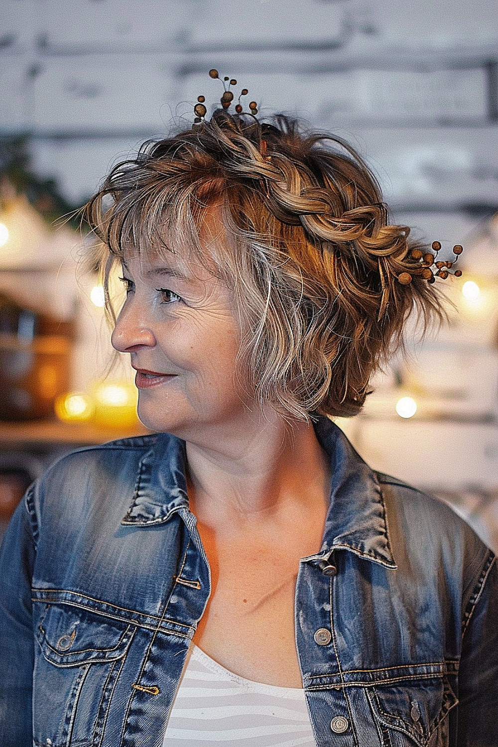 A woman with a voluminous crown braid and short, textured layers for a bohemian-inspired hairstyle