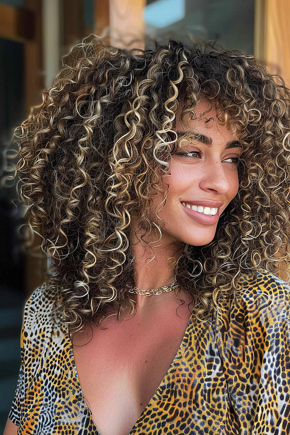 Woman with voluminous curls and blonde streaks