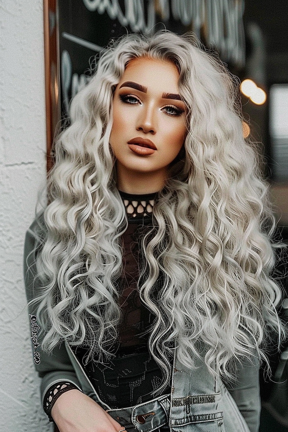 Woman with voluminous curls and platinum blonde hair