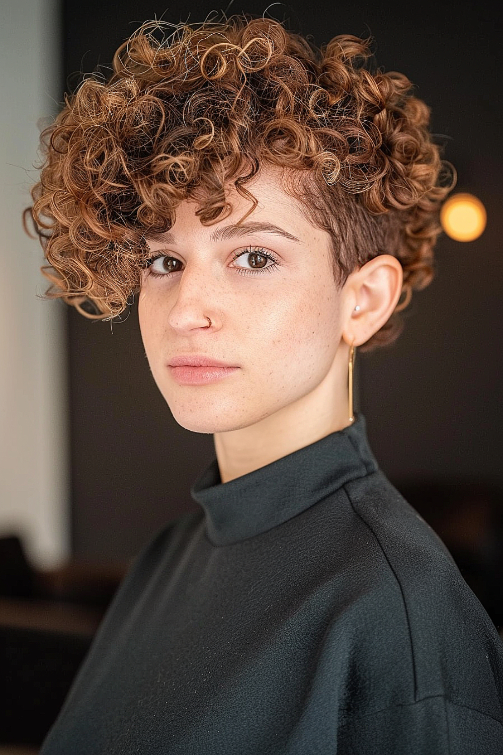 Woman with a voluminous curly pixie cut featuring stacked layers.