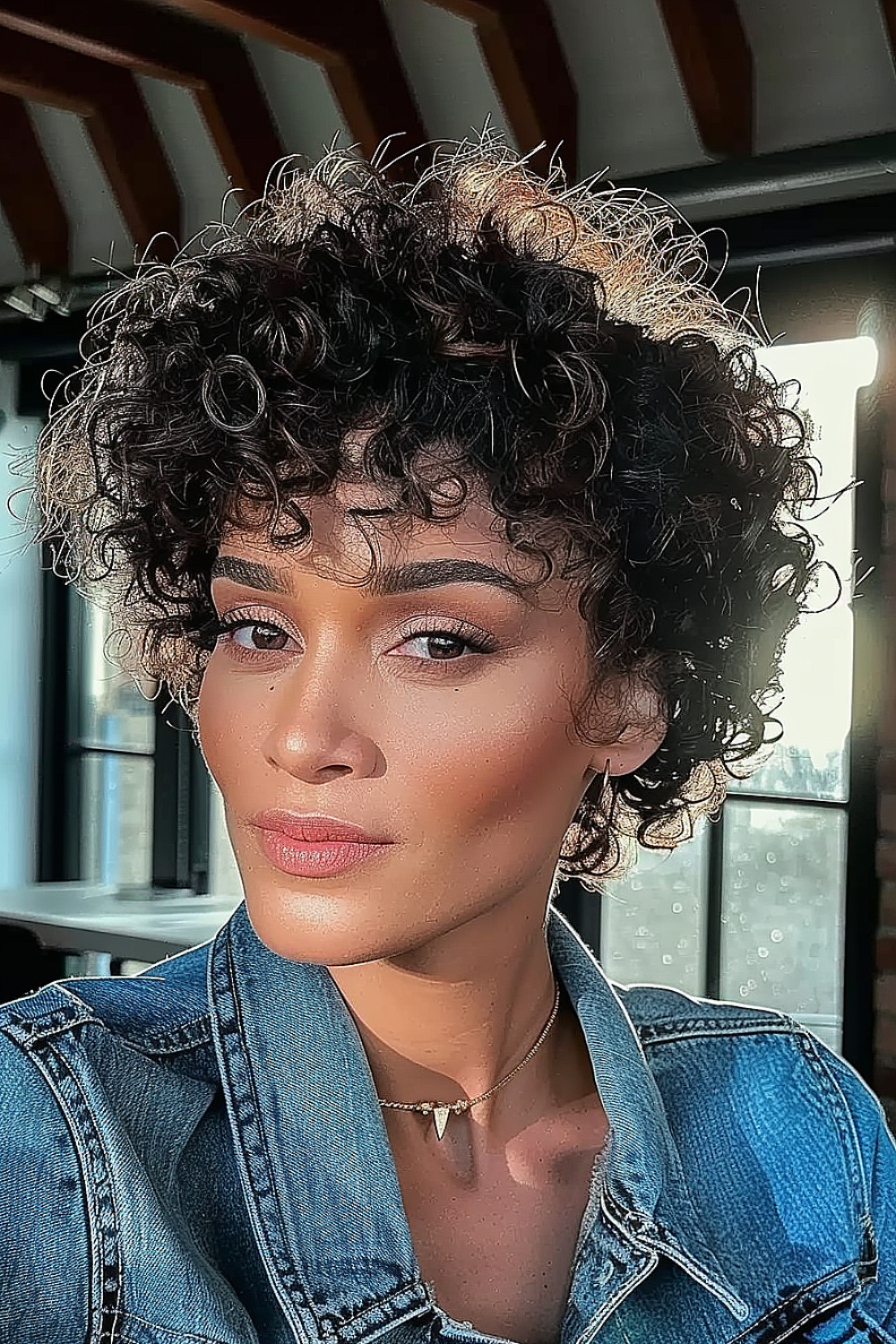 Short curly pixie haircut with wispy bangs