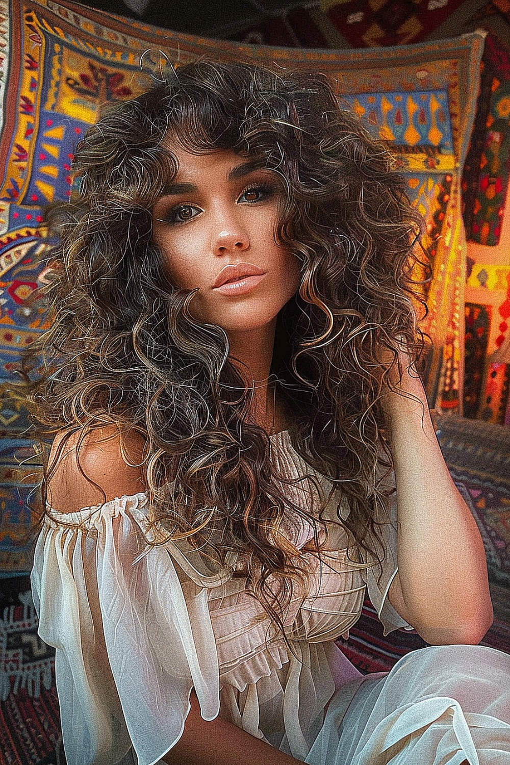 Long voluminous curly shag haircut with full-bodied curls and integrated bangs.