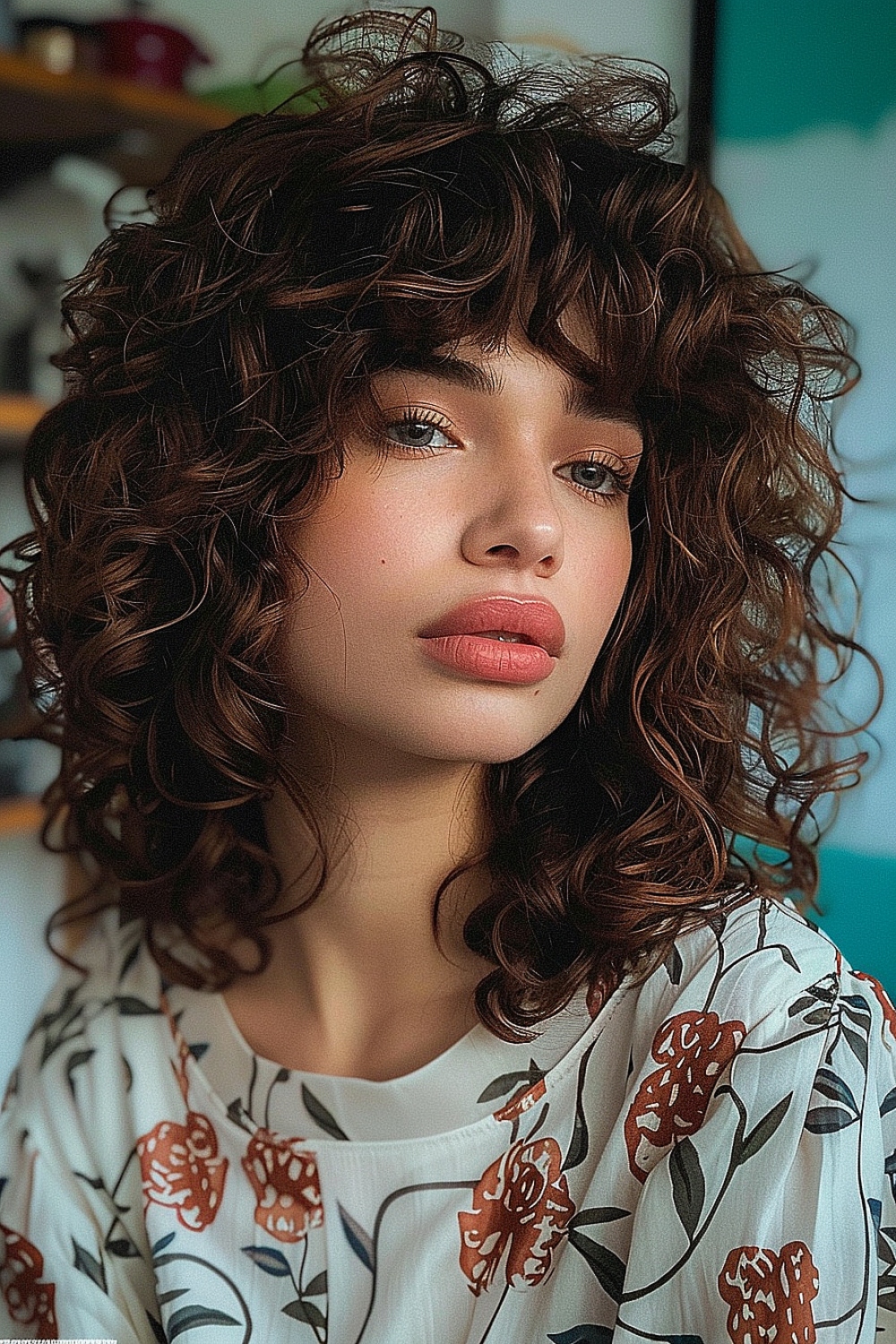 Woman with voluminous curly shag and bangs