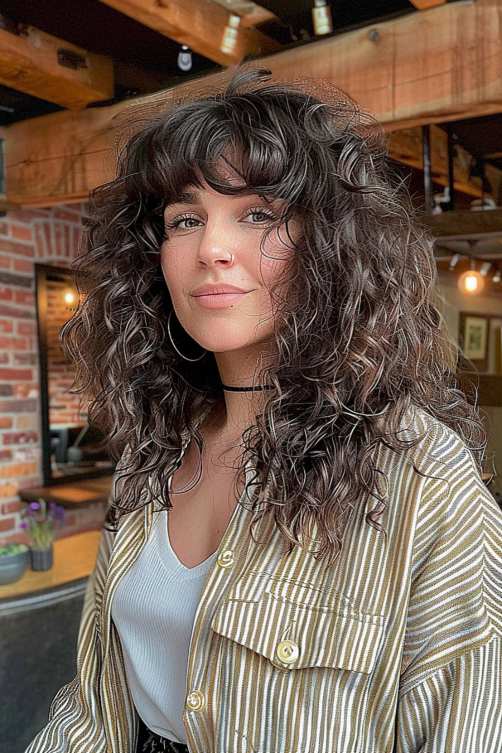 Woman with a voluminous curly shag hairstyle and fringe