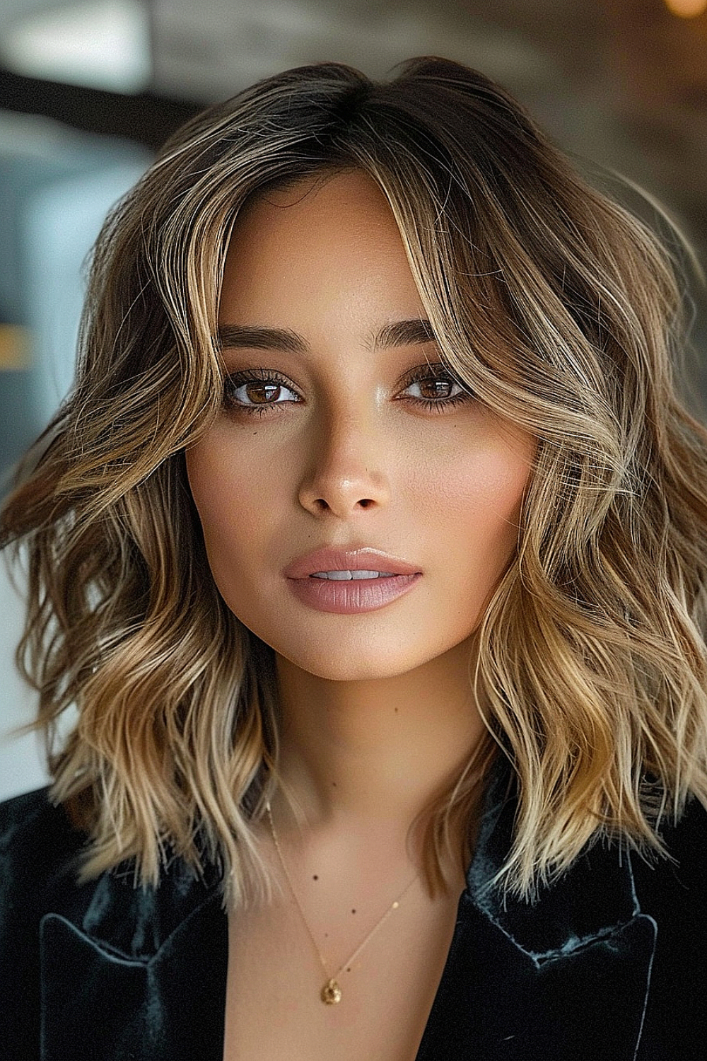 A lob haircut with voluminous waves and balayage highlights for a lively, dimensional look