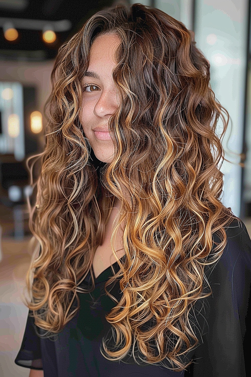 Long voluminous curls with caramel highlights