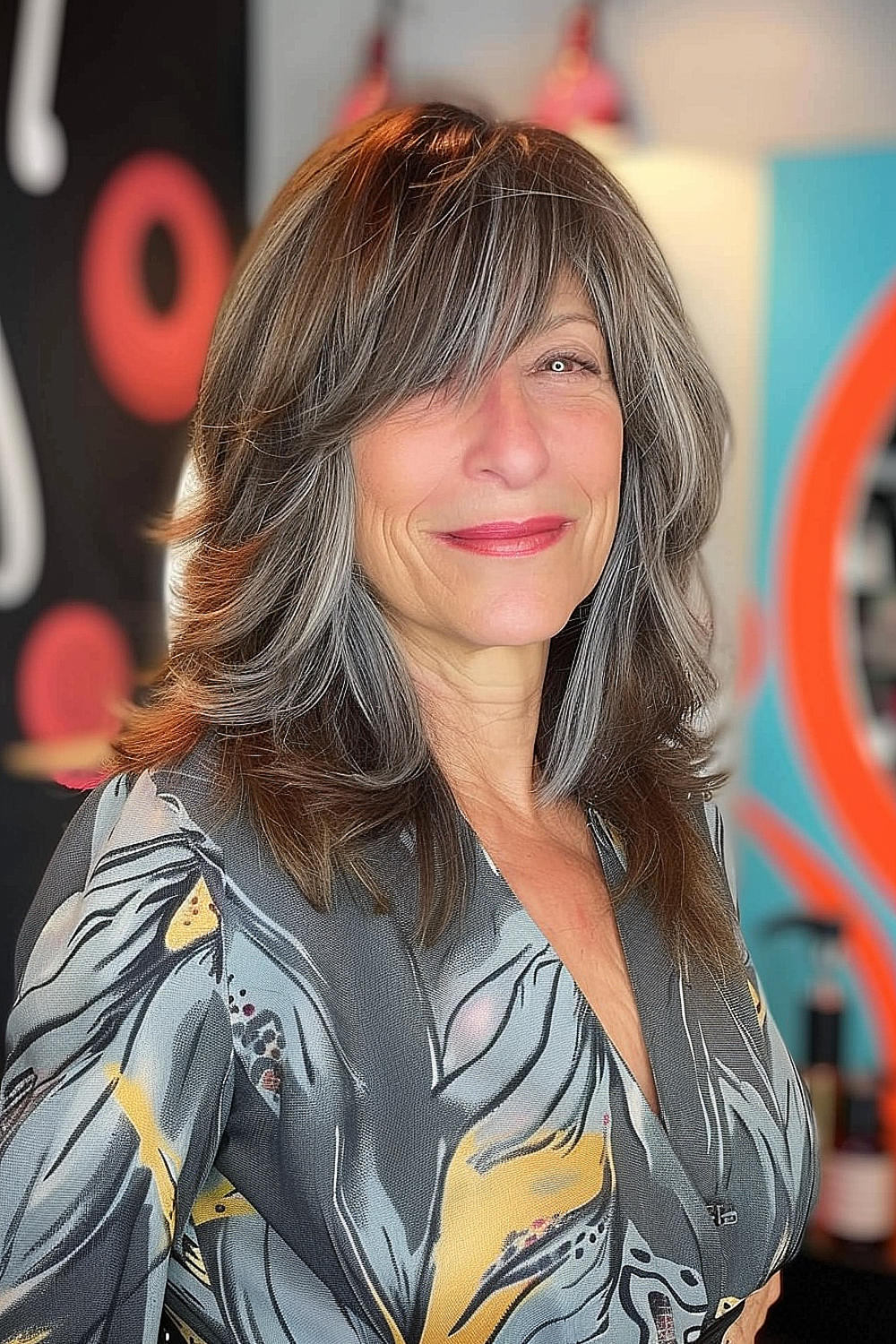 Older woman with voluminous medium layers and swoopy bangs, featuring dimensional grays