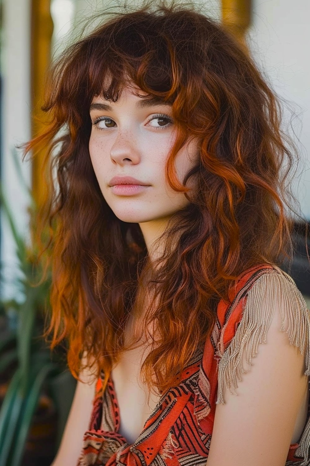 Woman with a voluminous medium shag haircut with layers