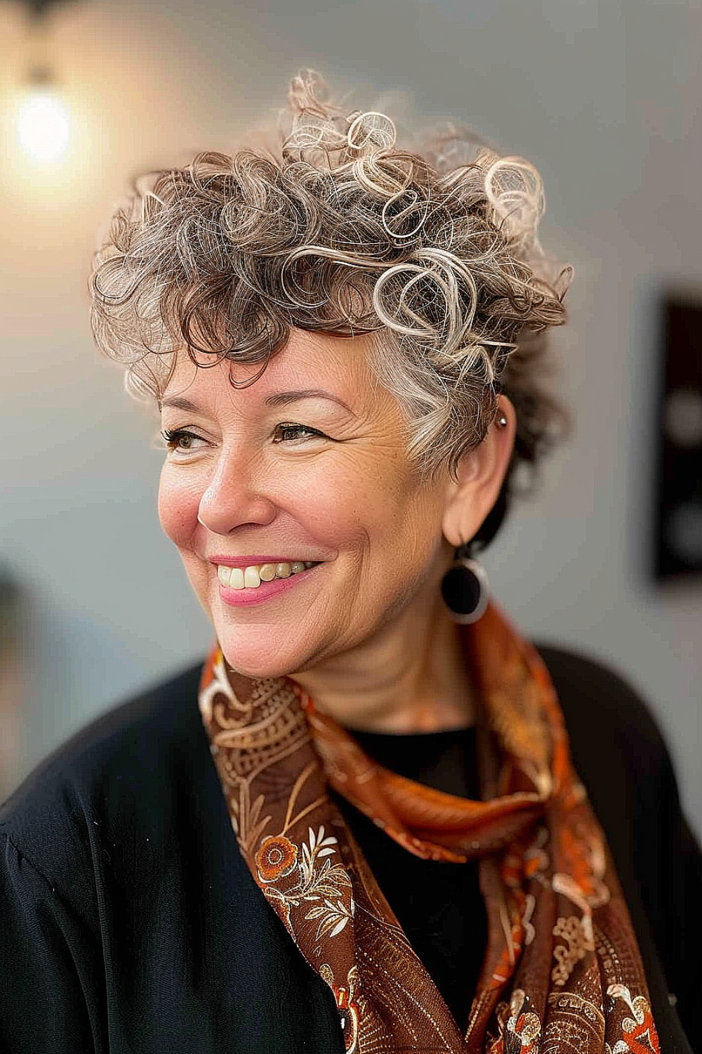 Woman with a voluminous pixie cut and curly texture