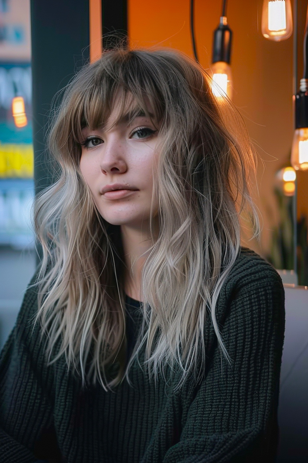 Voluminous shag with tousled waves and wispy bangs on fine blonde hair