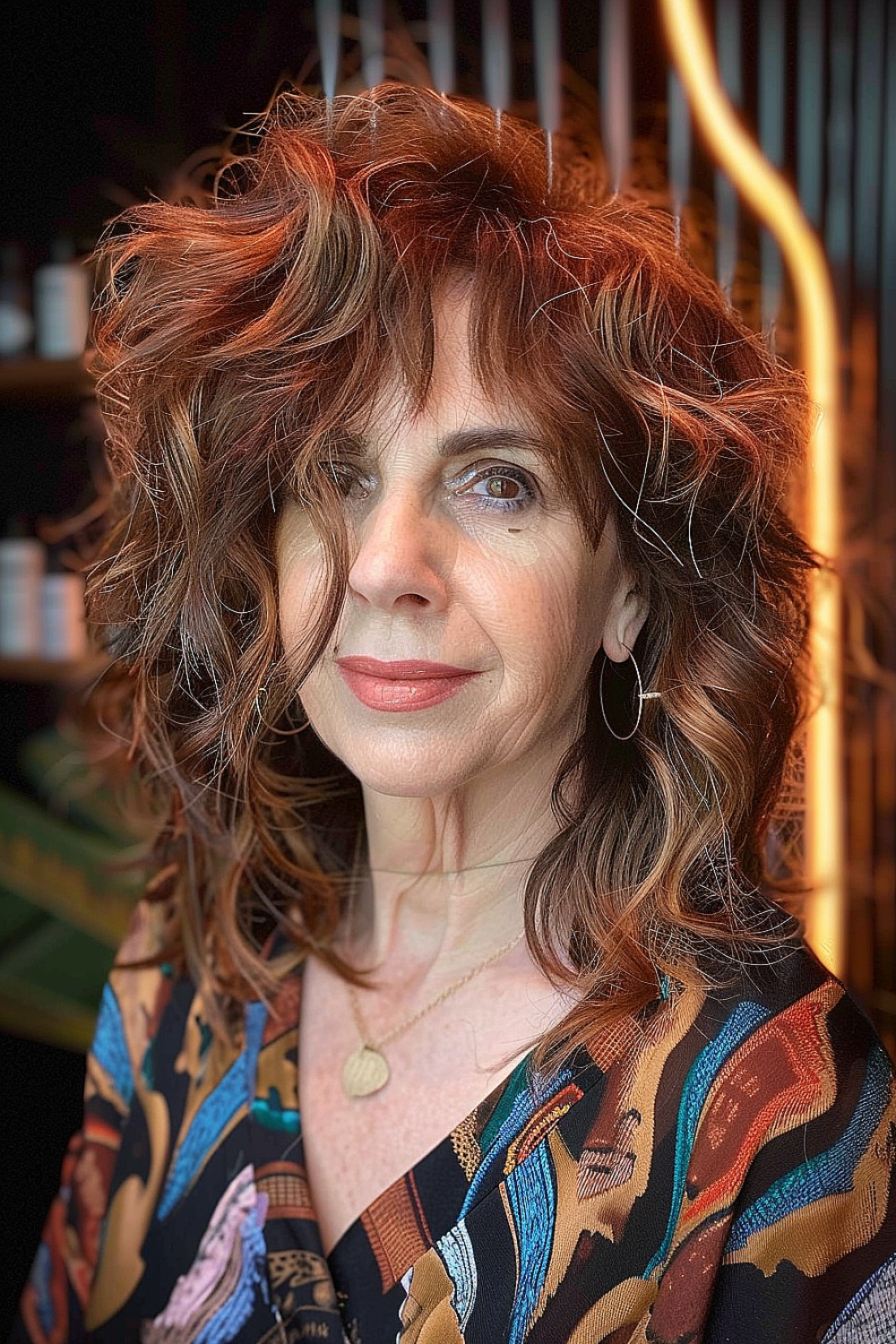 Woman with a voluminous shag haircut featuring caramel-colored highlights.