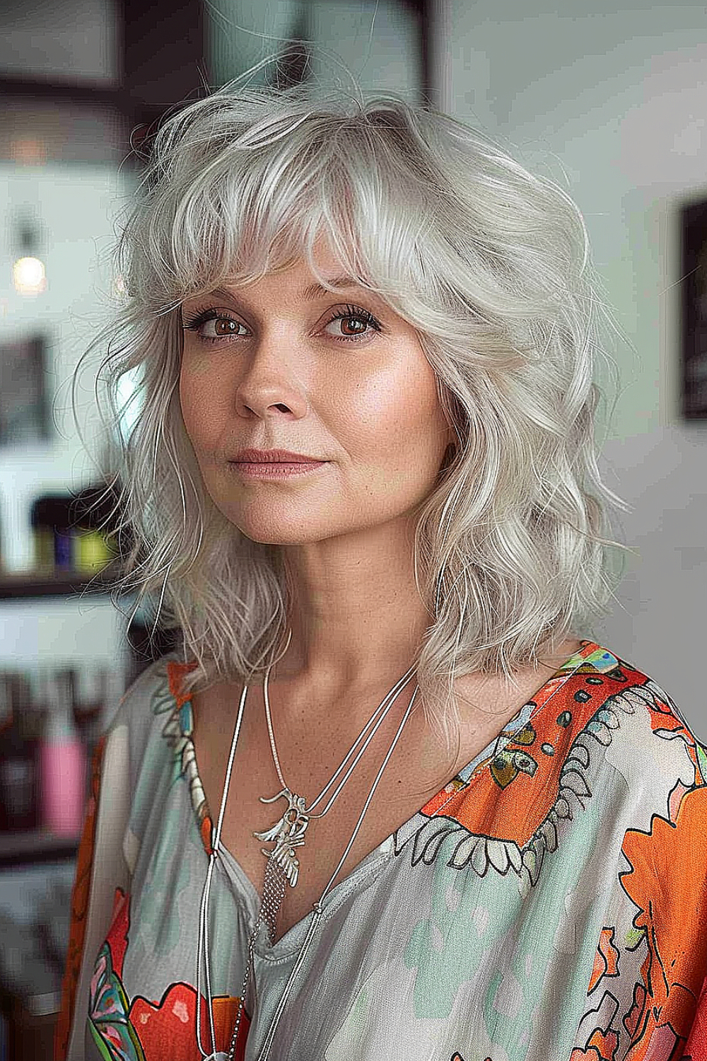 Voluminous shag with curtain bangs for women over 60