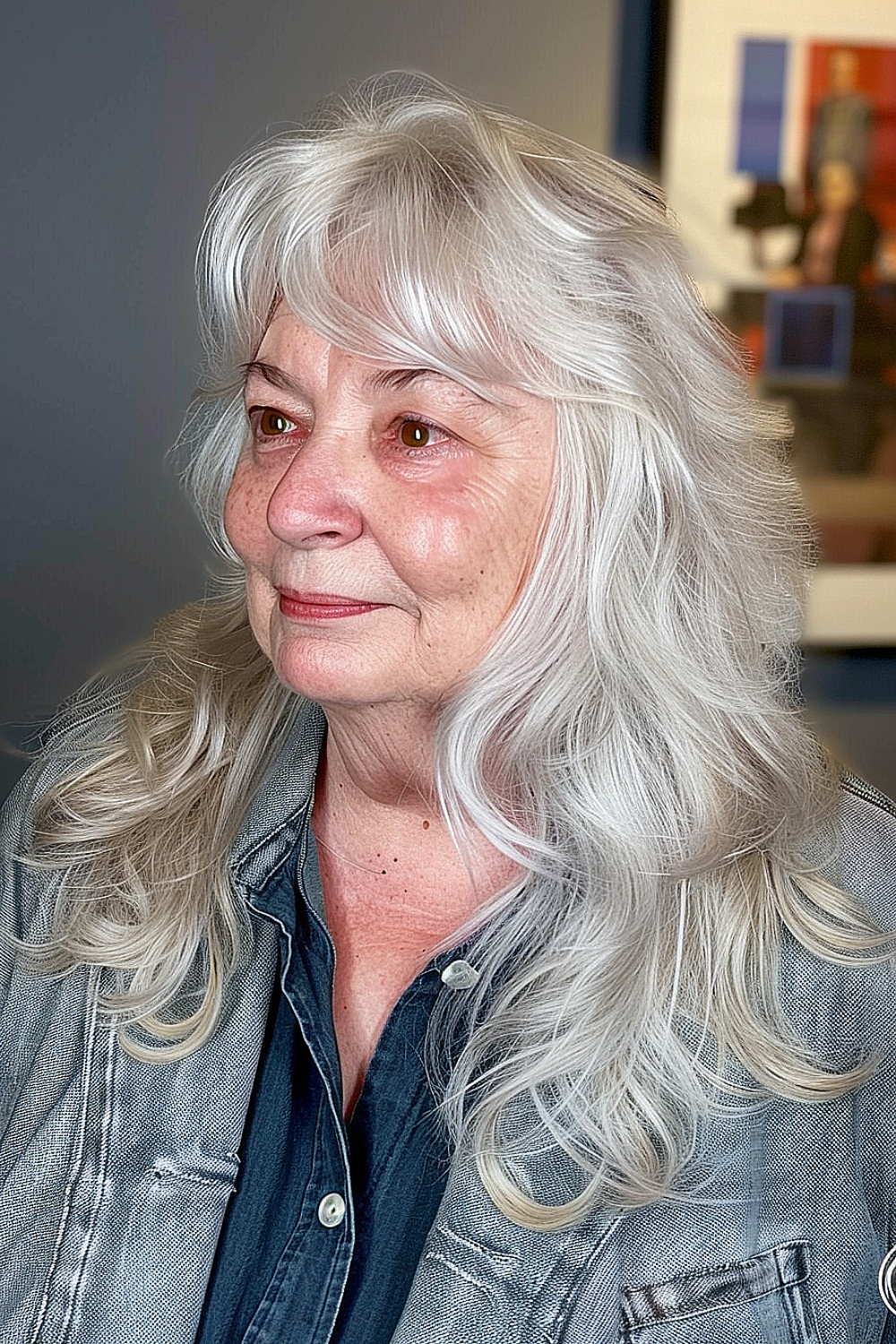 Voluminous shag haircut with lightweight bangs on a woman over 70