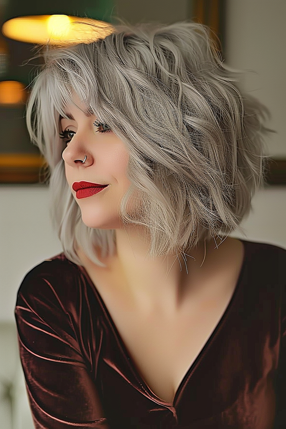 Woman with a voluminous shag haircut and silver tones