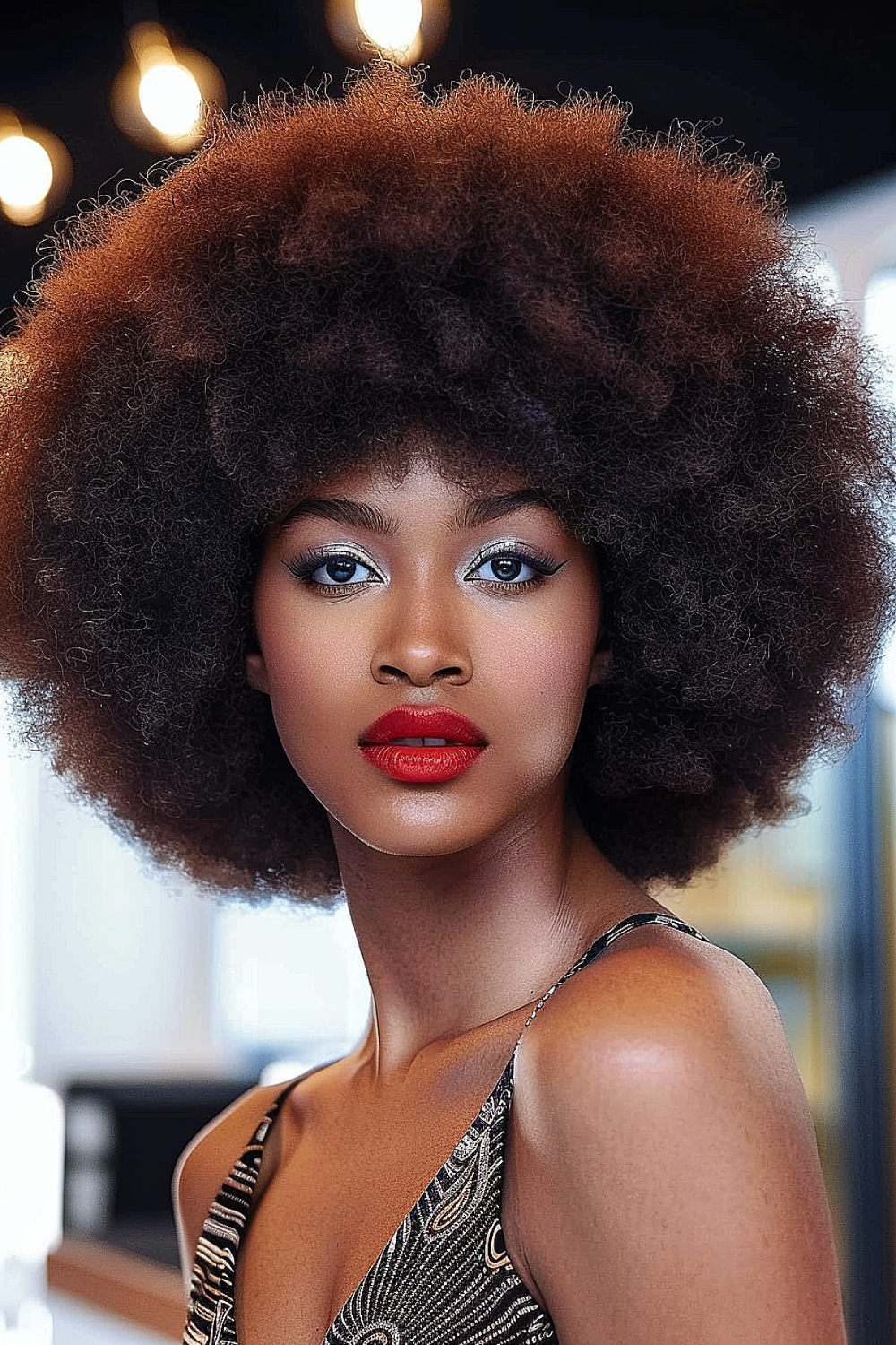 Woman with a voluminous short curly afro hairstyle