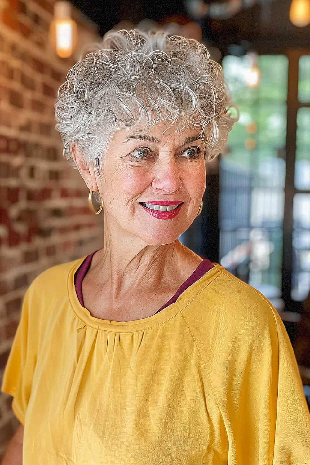 Elderly woman sporting a voluminous silver pixie cut with tightly curled layers on top