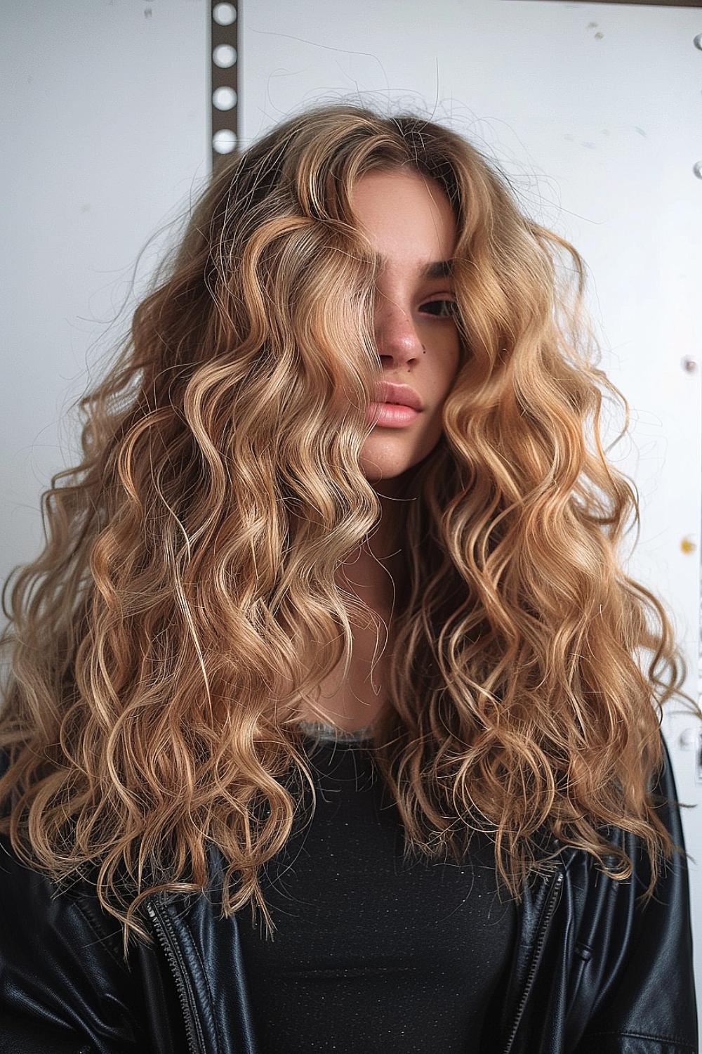 Woman with warm blonde hair and loose beach curls