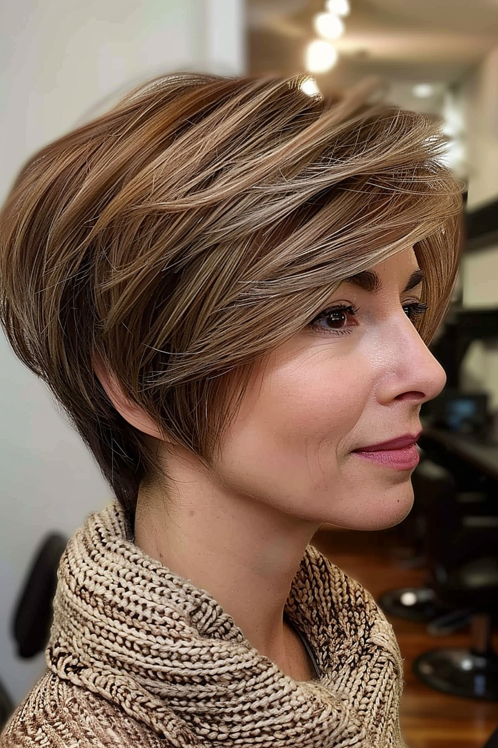 Warm chestnut layered pixie with feathered edges