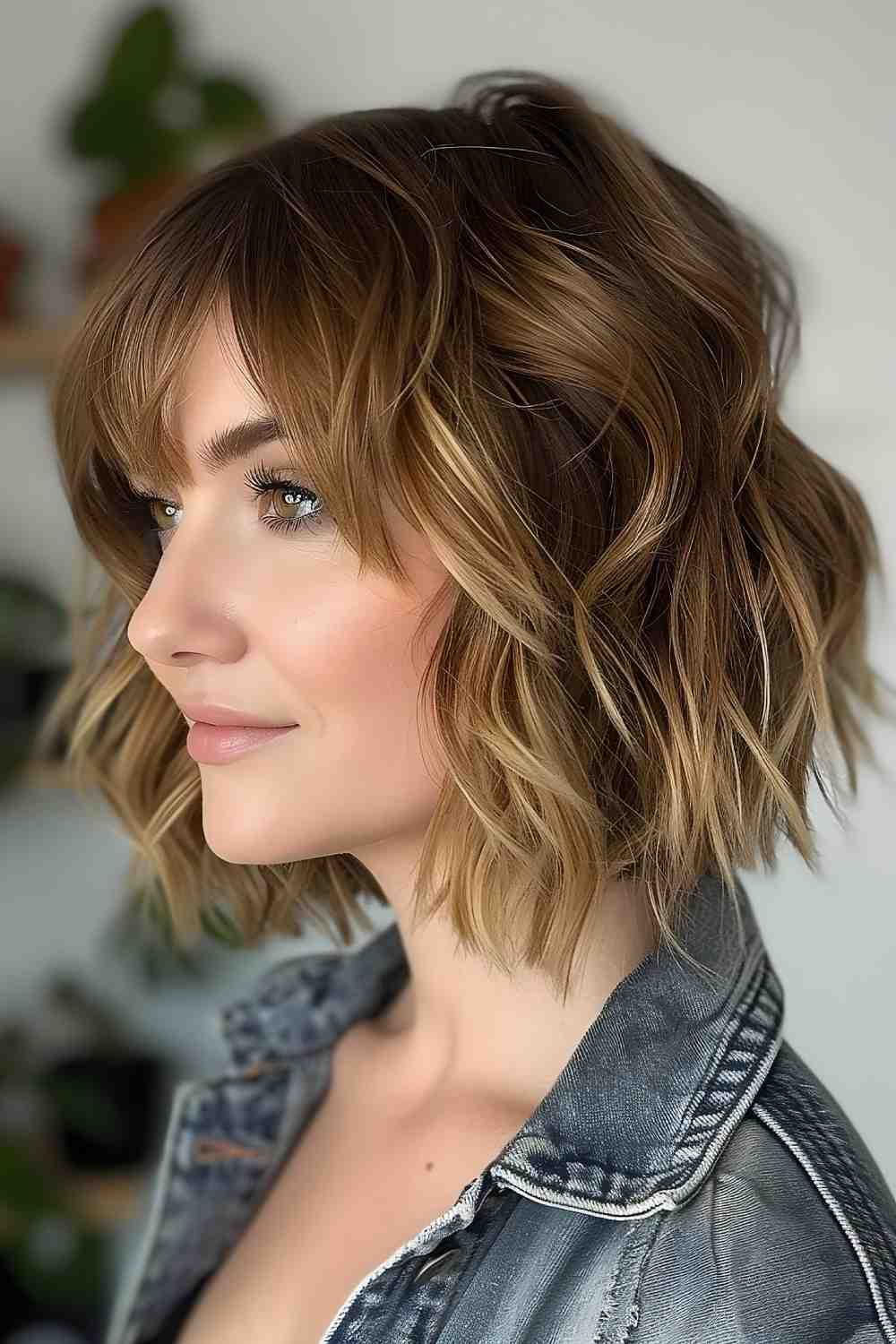 Wavy Angled Bob with Bangs