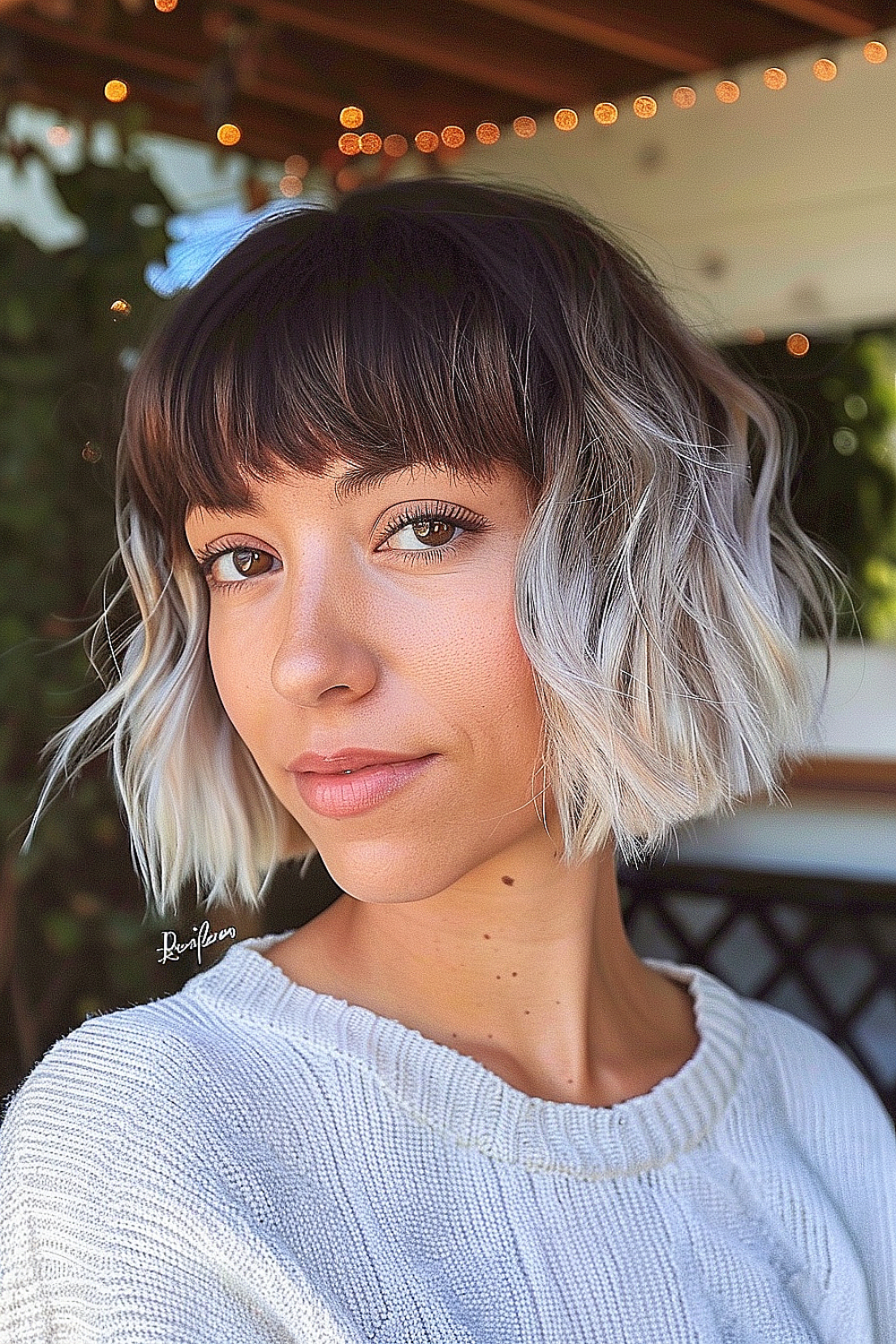 Woman with a wavy bob and blunt bangs, featuring a dark to icy blonde balayage