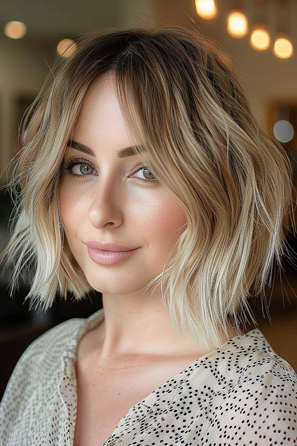 Woman with a wavy bob and curtain bangs