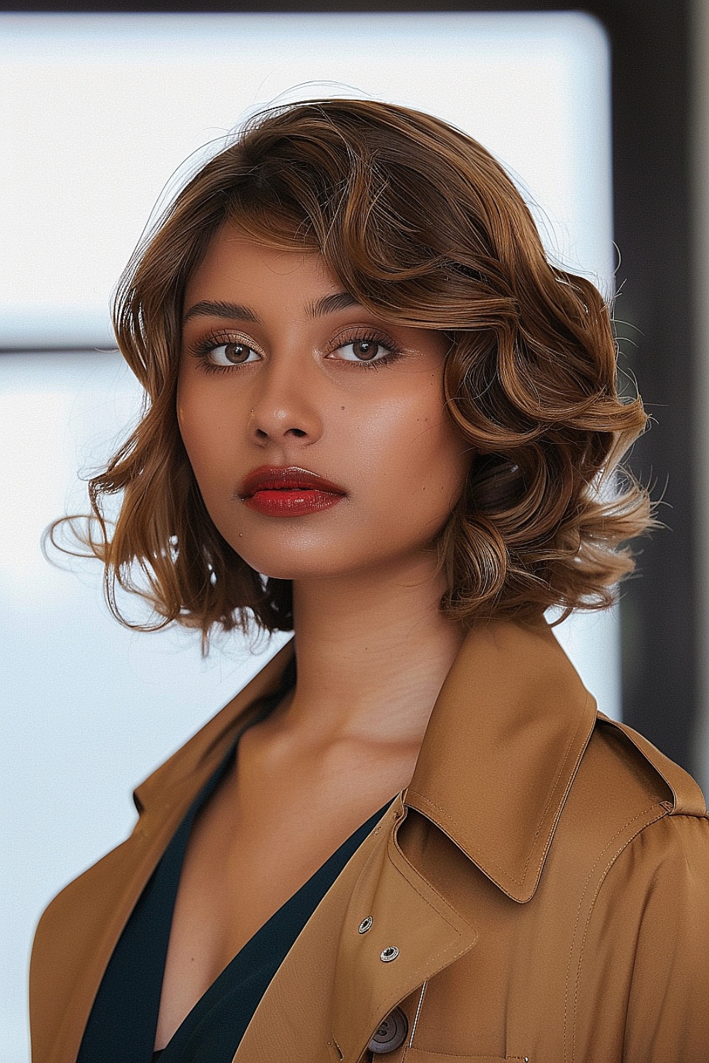 Woman with a wavy bob and deep side part