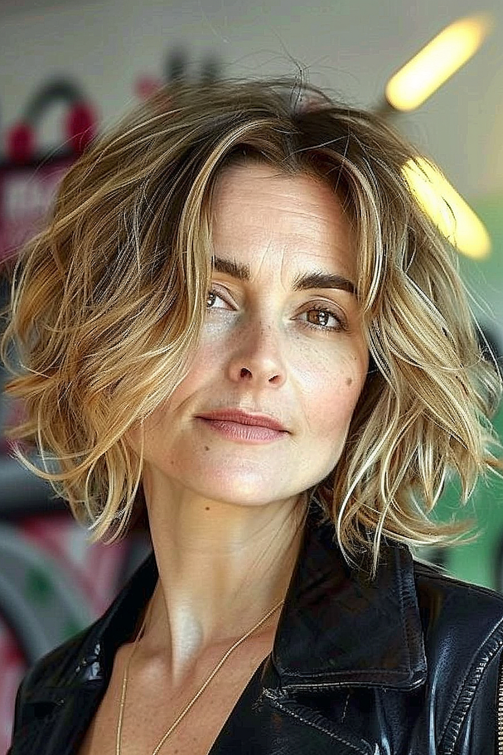 A woman with a tousled wavy bob, enhanced with face-framing golden highlights