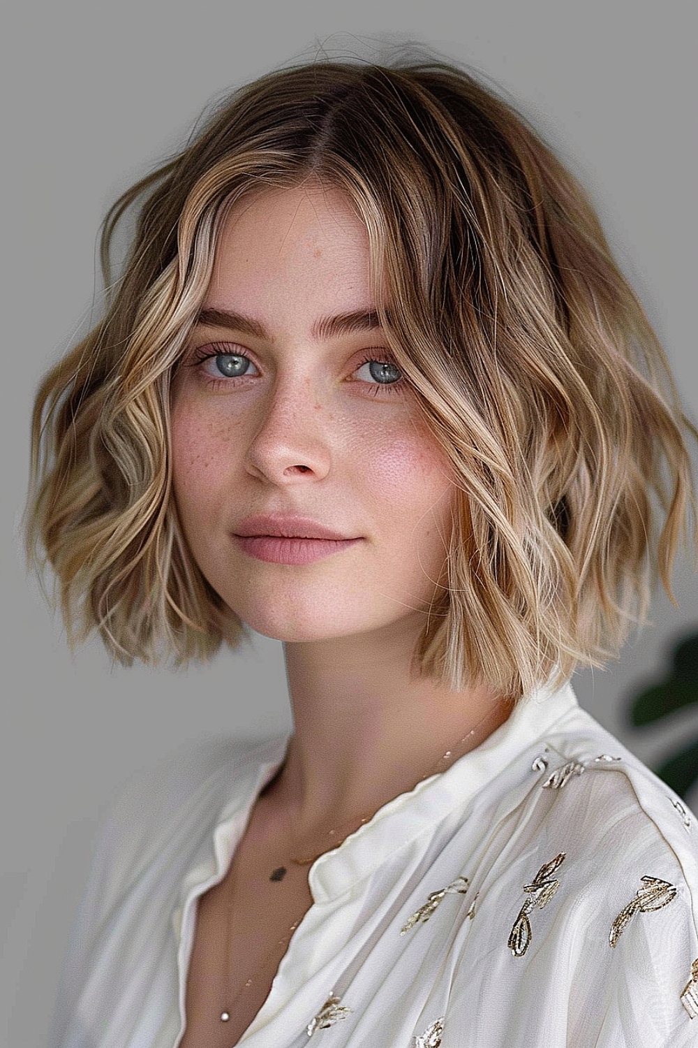 Woman with a wavy bob and face-framing layers